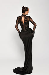 Sexy Black Mermaid High-Neck Long Sleeves Lace Panel Train Satin Ruffle Evening Dresses With High Slit